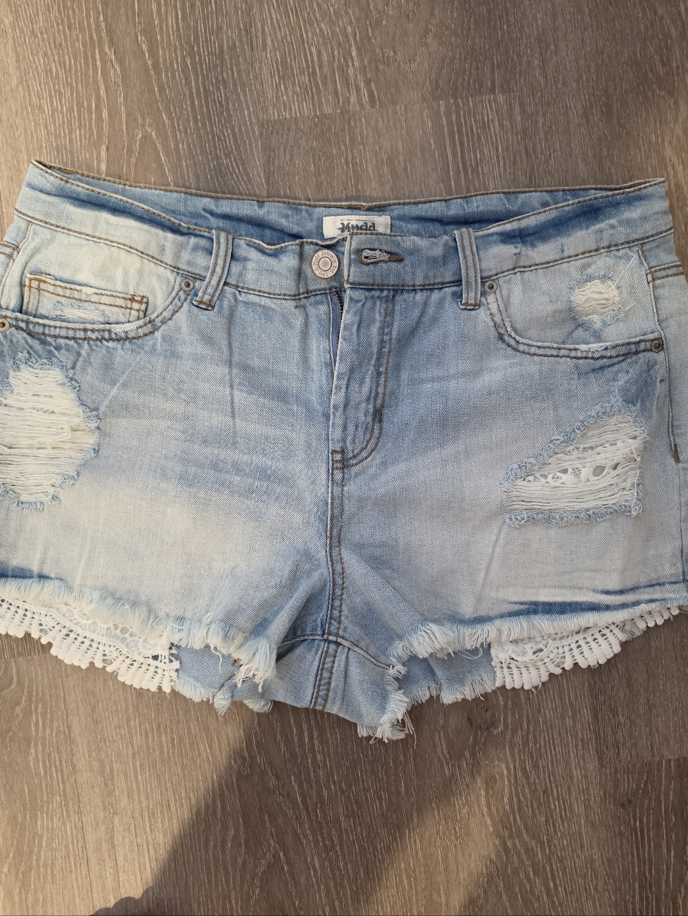 Mudd Light Blue Distressed Denim Lace-Trim Shorts
